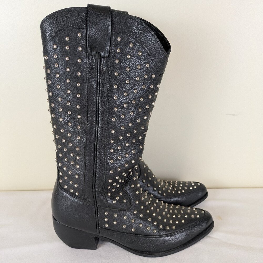 Vintage Y2K Black Leather Silver Studded Rocker Punk Dingo Cowboy Boots 9
